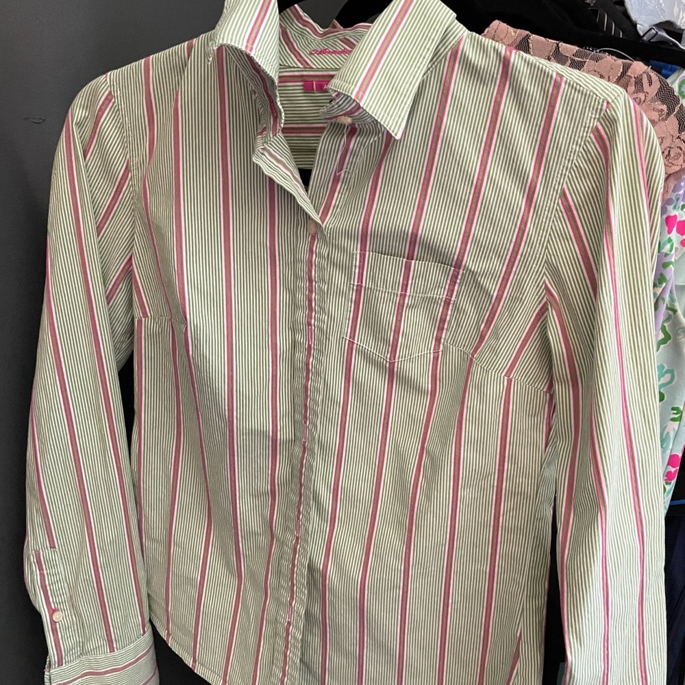 AE blouse green pink stripes sz 4